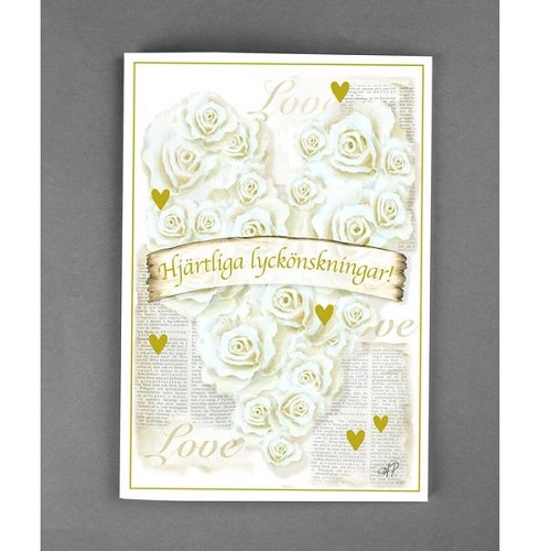 Delux Gratulationskort från Card Store med text hjärtliga lyckönskningar och love med motiv av roser formade som ett hjärta. 